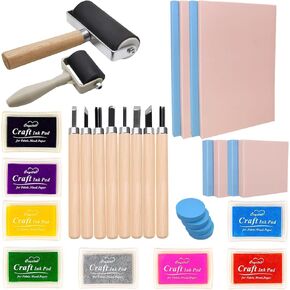 HRJZF 30PCS Rubber Block Stamp Carving Blocks with Cutter Tools and Rubber Brayer Roller for DIY Printmaking and More Crafts (combo pack)