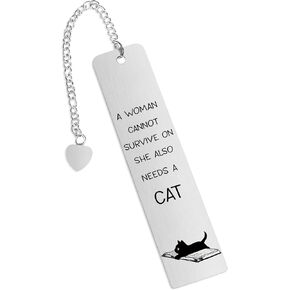 Cat Bookmark, Cat Lover Gifts Metal Bookmark, Cat Mom Lady Gifts, A Woman Cannot Survive Without A Cat Stainless Steel Cat Paw Pendant Book Mark with Elegant Gift Box for Reading Women