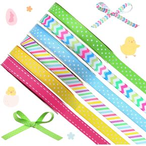 Zeyune 60 Yards 3/8 Inch Easter Grosgrain Stripe Polka Dot Ribbon Wrapping Spring Easter Ribbon Use for Party Gift DIY Decor for Basket Decoration