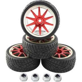 4PCS 12mm Hex Hub RC Cars Wheels and Tires,62mm On Road Touring Rubber Racing Rally Tires Set for 1:10 1:16 1:18 XV01 TT01 TT02B HSP 94122 94123 94103 3850 3851 FW06 16889 RC Cars (Red)