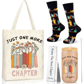 Yungyan Book Lovers Gifts Set Include Canvas Tote Bag 16oz Glass Cup with Bamboo Lid and Straw Novelty Socks Stainless Steel Bookmark Tassel Gifts for Book Lovers Librarian Friends Family (Classic)