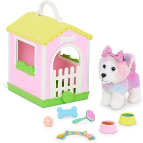 Glitter Girls – 6-inch Rainbow Pup – Doghouse Playset – Dog Toys and Accessories – Soft, Multicolored Fur – Toys for Kids 3 Years+ – Toby & GG Portable Doghouse Set