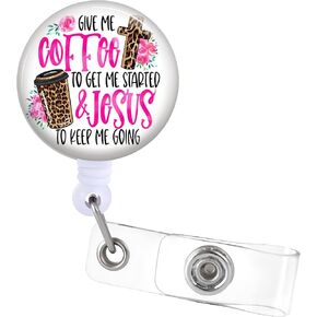 Badge Reels Holder Retractable with ID Clip for Nurse Name Tag Card Funny Coffee Gets Me Started Jesxx Keeps Me Going Quote Nursing Doctor Teacher Student Medical Work Office Alligator Clip ZJK329