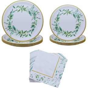 Blue Orchards Sage Green Plates and Napkins (52 for 16 Guests) - Eucalyptus Party Supplies, Botanical Themed Decorations, Sage Green Baby Shower, Wild One Birthday