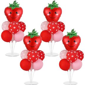 4 Sets Strawberry Party Balloons Stand Kit with Strawberry Foil Balloons Sweet Strawberry 1st Party Balloon Centerpiece for Tables for Girls Strawberry Birthday Baby Shower Decoration