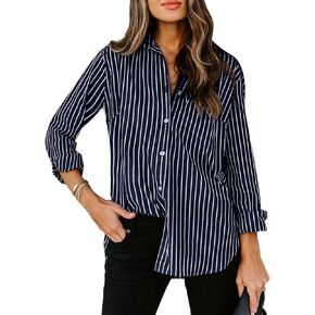 siliteelon Womens Button Down Shirts Cotton Striped Dress Shirt Long Sleeve Collared Office Work Blouses Tops - Black and White L