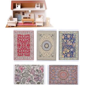Dollhouse Furniture, 5PCS 1/12 Miniature Dollhouse Accessories Vintage of Carpet, Floral Print Vintage Woven Rugs, Miniature Welcome Floor Blanket, Furniture Decor, Easy to Clean