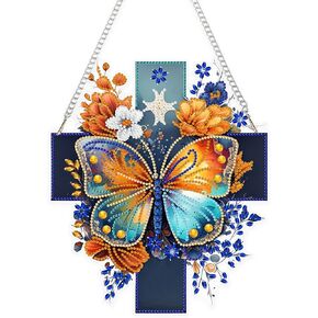 Eiflow Butterfly with Cross Diamond Art Hanging Ornament Kit for Adults, 9.9x8.3inch DIY Hanging Diamonds Painting Religious Pendant Kit, Box Package
