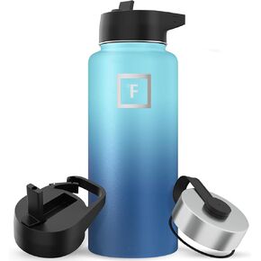 IRON °FLASK Camping & Hiking Hydration Flask, Wide Mouth, 3 Straw Lids, Stainless Steel Outdoor Water Bottle, Double Walled, Insulated Thermos, Metal Canteen - Dark Pine, 32 Oz