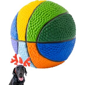 Multicolor Basketball - Squeaky Dog Toy - Soft Natural Rubber (Latex) - for Medium and Large Breeds - 3.5" Diameter - Bouncy - Handpainted - Free of Harmful Chemicals