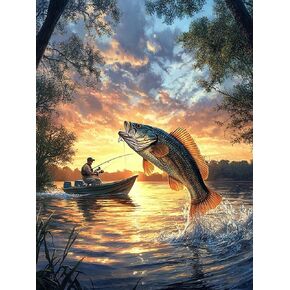 VAIIEYO 5D DIY Diamond Art Kits for Adults Fish, Diamond Painting Fisherman, Diamond Art Full Drill Round Rhinestone Craft Canvas for Home Wall Decor Gift 12x16 inch-74