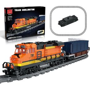 Burlington Train Building Set, Freight Cargo Train, with Rechargeable Motorized Working Head, 2 Coaches and 32 Tracks, Gift for Boys&Girls Teens Age12-16 (1065 Pieces)