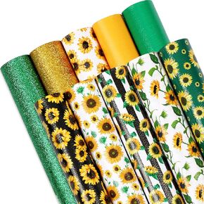 Whaline 10Pcs Sunflowers Faux Leather Sheets Green Yellow Black Synthetic Fabric Craft Leather Sunflower Glitter Printed Leather for Earrings Headbands Jewelry Wallet Making DIY Crafts, 6.3 x 8.3 Inch