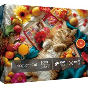 Eloquent Cat Jigsaw Puzzle 1000 Piece for Adult, Cute Animal Art Jigsaw Puzzles, Funny Flower Food Fruit Puzzles for Home Decor