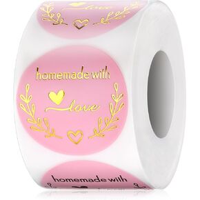 500 Pieces Home Made Stickers Labels 1.5 Inch Homemade with Love Stickers Round Baked with Love Stickers Pink for Packaging, Cookie Bags, Small Shop Local Handmade and Small Business Present