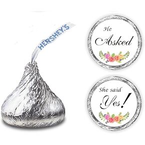 324 Floral Roses He Asked She Said Yes!, Kisses Wedding Stickers, Chocolate Drops Labels Stickers for Weddings, Bridal Shower Engagement Party Decorations, Favors for Kisses. Made in USA
