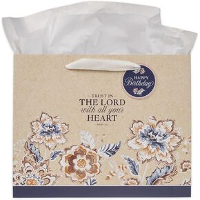 Christian Art Gifts Large Landscape Inspirational Scripture Birthday Gift Bag, Tag & Wrapping Tissue Paper Set for Women: Trust in the Lord Bible Verse, Honey Brown, Navy Blue & Creamy White Floral