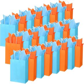 Fumete 24 Pack Kraft Paper Gift Bags with Tissues Papers Colorful Party Favor Bags with Handles for War Party Target Sign Birthday Wedding Baby Shower Supplies(Light Blue, Orange)
