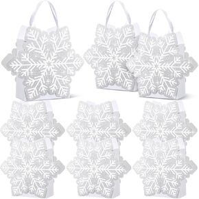 Kolldenn 12 Pcs Glitter Winter Snowflake Paper Bags Snowflake Party Favors Bags Snowflake Gift Bags Candy Treat Goodie Bags with Handle for Winter Holiday Birthday Wonderland Party Supplies