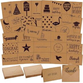 BEST PAPER GREETINGS 36 Pack Assorted All Occasion Cards with Envelopes in 36 Unique Designs for Birthdays, Congratulations, Sympathy, Thank You (Kraft Paper, 4x6 In)