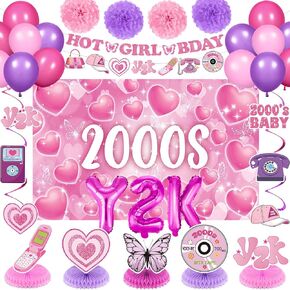 Y2K Party Decorations Early 2000s Banner Hanging Swirls Y2K 2000s Honeycomb Centerpieces Balloons Paper Pompoms Hot Girl Bday Banner for Girls Women Teen Pink Birthday Party Supplies
