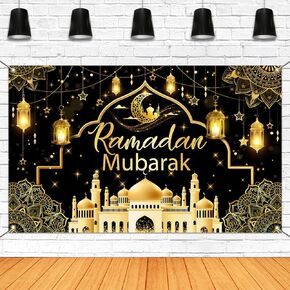 Mocsicka Ramadan Mubarak Banner Backdrop for Muslim Ramadan Kareem Banner Eid al-Fitr and Eid al-Adha Ramadan Kareem Background for Photography (Blue and Gold, 70.8x43.3 inch)