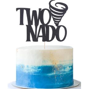 Twonado 2nd كعكة عيد الميلاد Topper - Black Glitter Tornado Sign Second Bithday Cake Topper ، لوازم زخارف عيد ميلاد عمرها عامين