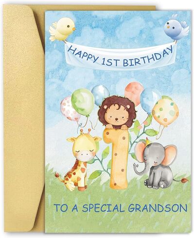 OJsensai Happy 1st Birthday Card for Grandson, Great 1 Years Old Bday Gifts from Grandma Grandpa, Best Bday Gift Ideas for 1 Years Old Grandson in Kuwait