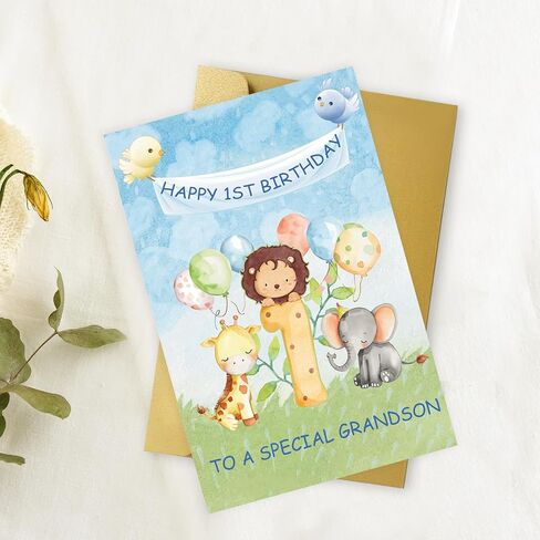 OJsensai Happy 1st Birthday Card for Grandson, Great 1 Years Old Bday Gifts from Grandma Grandpa, Best Bday Gift Ideas for 1 Years Old Grandson in Kuwait