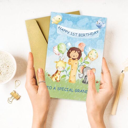 OJsensai Happy 1st Birthday Card for Grandson, Great 1 Years Old Bday Gifts from Grandma Grandpa, Best Bday Gift Ideas for 1 Years Old Grandson in Kuwait