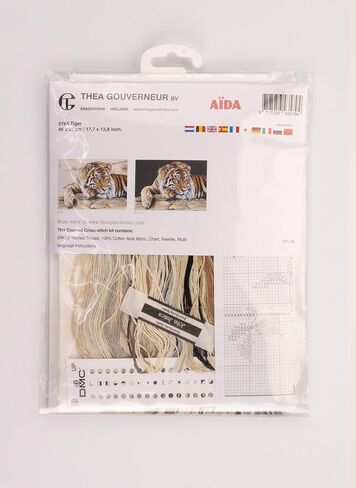 Thea Gouverneur - Counted Cross Stitch Kit - Tiger - Aida - 14 count - Embroidery Kit for Adults - DMC Embroidery Threads and other Cross Stitch Supplies Included - 579A in Kuwait
