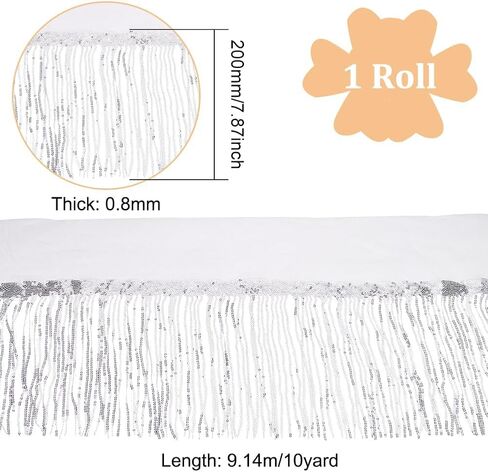 BENECREAT 10 Yard PVC Sewing Fringe Trim, 7.87inch Wide Silver Sequins Lace Tassel Fringe Trim for DIY Craft Clothing Garment Curtain Accessories in Saudi Arabia