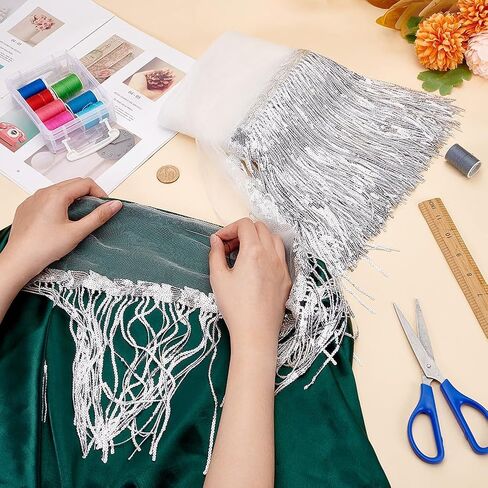 BENECREAT 10 Yard PVC Sewing Fringe Trim, 7.87inch Wide Silver Sequins Lace Tassel Fringe Trim for DIY Craft Clothing Garment Curtain Accessories in Saudi Arabia