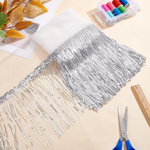 BENECREAT 10 Yard PVC Sewing Fringe Trim, 7.87inch Wide Silver Sequins Lace Tassel Fringe Trim for DIY Craft Clothing Garment Curtain Accessories in Saudi Arabia
