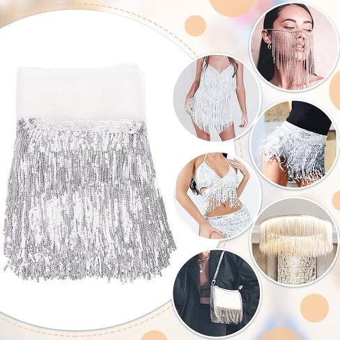 BENECREAT 10 Yard PVC Sewing Fringe Trim, 7.87inch Wide Silver Sequins Lace Tassel Fringe Trim for DIY Craft Clothing Garment Curtain Accessories in Saudi Arabia