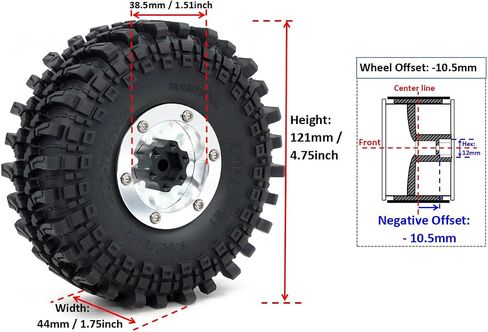 HOBBYSOUL 4pcs -10.5mm Negative Offset 1.9 Beadlock Wheels and Tires, 121mm Tall 1.9'' tyre and Rims for 1/10 RC Mud Crawler SCX10 TRX4 Gen8 Upgrades in Kuwait