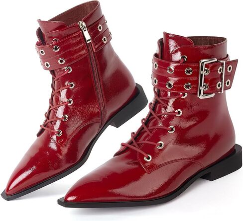 Women's Metal Eyelets Buckle Straps Ankle Booties,Pointed Toe Side Zipper Chunky Low Heel Gothic chelsea boots Combat Motorcycle Shoes in Saudi Arabia