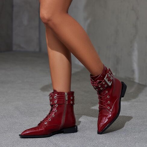 Women's Metal Eyelets Buckle Straps Ankle Booties,Pointed Toe Side Zipper Chunky Low Heel Gothic chelsea boots Combat Motorcycle Shoes in Saudi Arabia