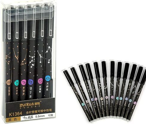 Gel Ink Pens 12PCS Erasable, with Eraser 0.5mm Fine Point Black/Blue 12 Constellations Ink Medium Point Creativity for Journaling Writing Drawing Office Home School (Black) in Saudi Arabia