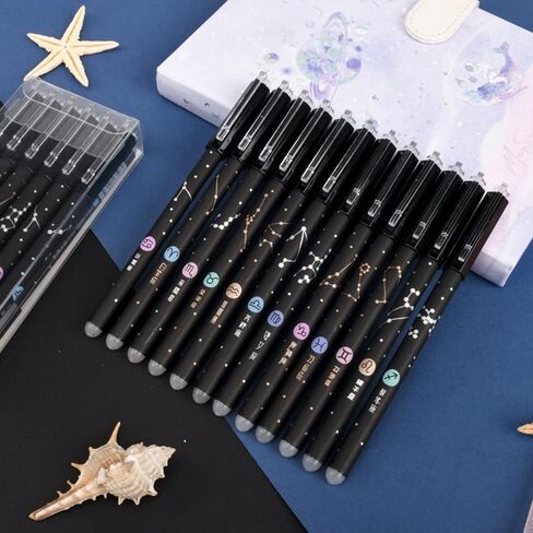 Gel Ink Pens 12PCS Erasable, with Eraser 0.5mm Fine Point Black/Blue 12 Constellations Ink Medium Point Creativity for Journaling Writing Drawing Office Home School (Black) in Saudi Arabia