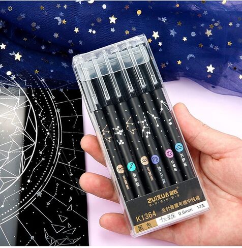 Gel Ink Pens 12PCS Erasable, with Eraser 0.5mm Fine Point Black/Blue 12 Constellations Ink Medium Point Creativity for Journaling Writing Drawing Office Home School (Black) in Saudi Arabia