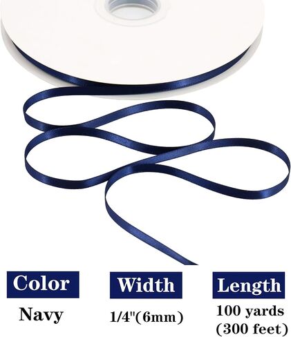 Solid Color Satin Ribbon 1/4 inch x 100 Yards Roll Navy Double Faced for Gift Wrapping Crafts Wedding Decoration, Wedding Invitation Card, Birthday Party Decoration in Kuwait