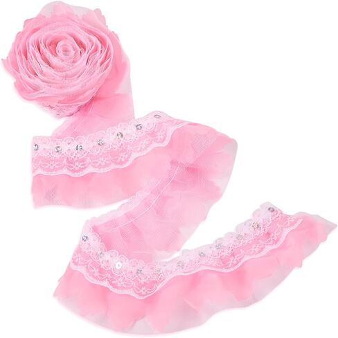 BB Beadthoven 2.19 Yards Pink Floral Chinlon Lace Trim Pleated Fabric Ruffle 2-Layer Fabric Embroidered Sewing Lace Edge Ribbon for Wedding Decor in Kuwait