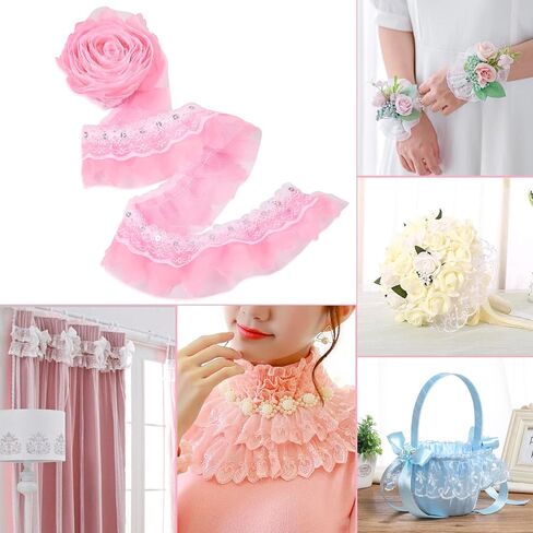 BB Beadthoven 2.19 Yards Pink Floral Chinlon Lace Trim Pleated Fabric Ruffle 2-Layer Fabric Embroidered Sewing Lace Edge Ribbon for Wedding Decor in Kuwait