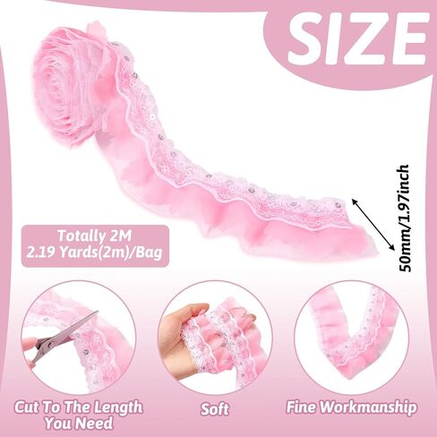 BB Beadthoven 2.19 Yards Pink Floral Chinlon Lace Trim Pleated Fabric Ruffle 2-Layer Fabric Embroidered Sewing Lace Edge Ribbon for Wedding Decor in Kuwait