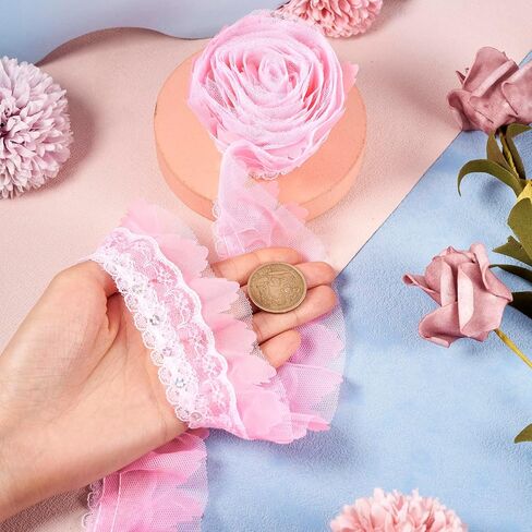 BB Beadthoven 2.19 Yards Pink Floral Chinlon Lace Trim Pleated Fabric Ruffle 2-Layer Fabric Embroidered Sewing Lace Edge Ribbon for Wedding Decor in Kuwait