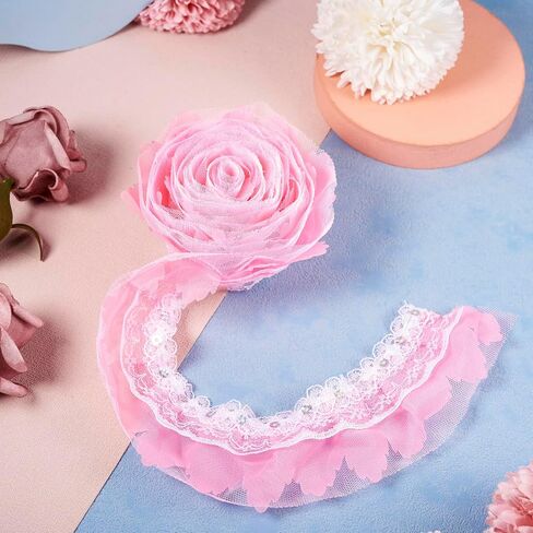 BB Beadthoven 2.19 Yards Pink Floral Chinlon Lace Trim Pleated Fabric Ruffle 2-Layer Fabric Embroidered Sewing Lace Edge Ribbon for Wedding Decor in Kuwait
