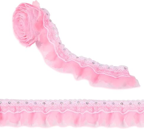 BB Beadthoven 2.19 Yards Pink Floral Chinlon Lace Trim Pleated Fabric Ruffle 2-Layer Fabric Embroidered Sewing Lace Edge Ribbon for Wedding Decor in Kuwait