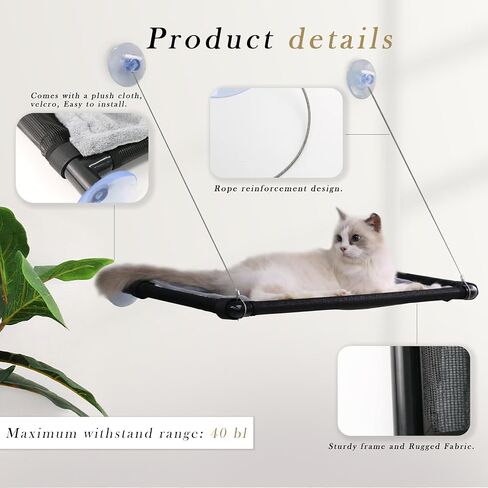 2 Pack Cat Window Hammock Perch,Cat Bed Shelves with Cushion Cover Easy to Install and Space Saving (Black, Large) in Kuwait