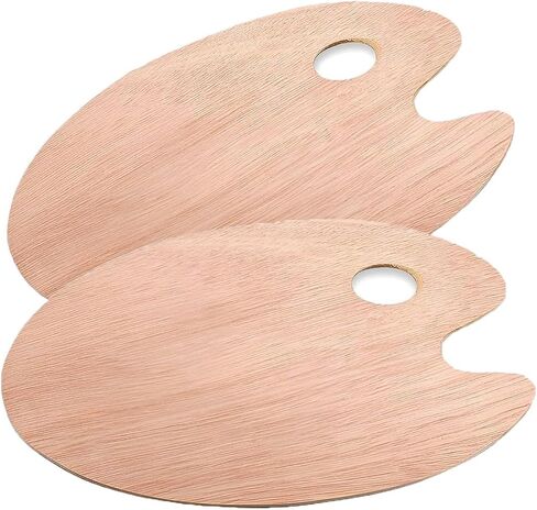 2 Pack Wooden Paint Palette - Wooden Oval-Shaped Artist Painting Palette with Thumb Hole - Wood Paint Color Mixing Tray - Easy Clean, Mix Acrylic, Oil, Watercolor in Kuwait